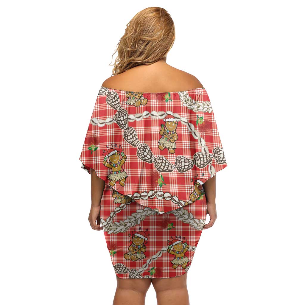 Red Palaka Hawaii Mele Kalikimaka Off Shoulder Short Dress Ohia Lehua Shell Leis Funny Gingerbread Santa LT14 - Polynesian Pride