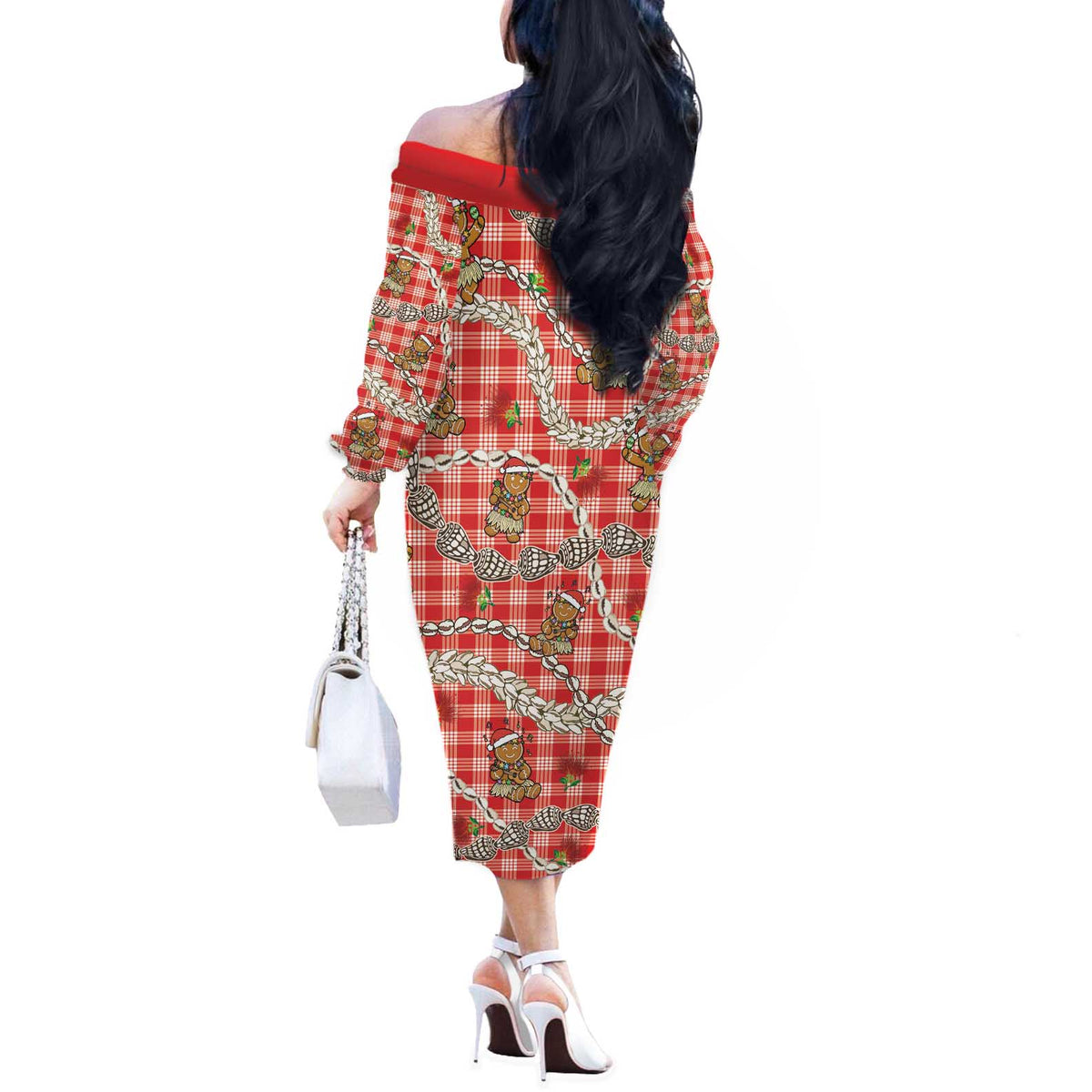 Red Palaka Hawaii Mele Kalikimaka Off The Shoulder Long Sleeve Dress Ohia Lehua Shell Leis Funny Gingerbread Santa LT14 - Polynesian Pride