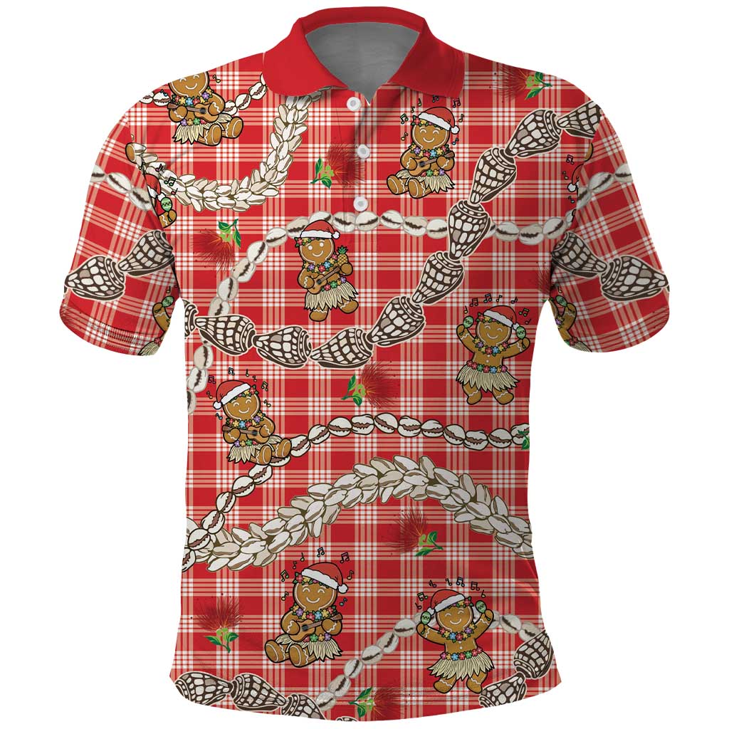 Red Palaka Hawaii Mele Kalikimaka Polo Shirt Ohia Lehua Shell Leis Funny Gingerbread Santa LT14 Red - Polynesian Pride