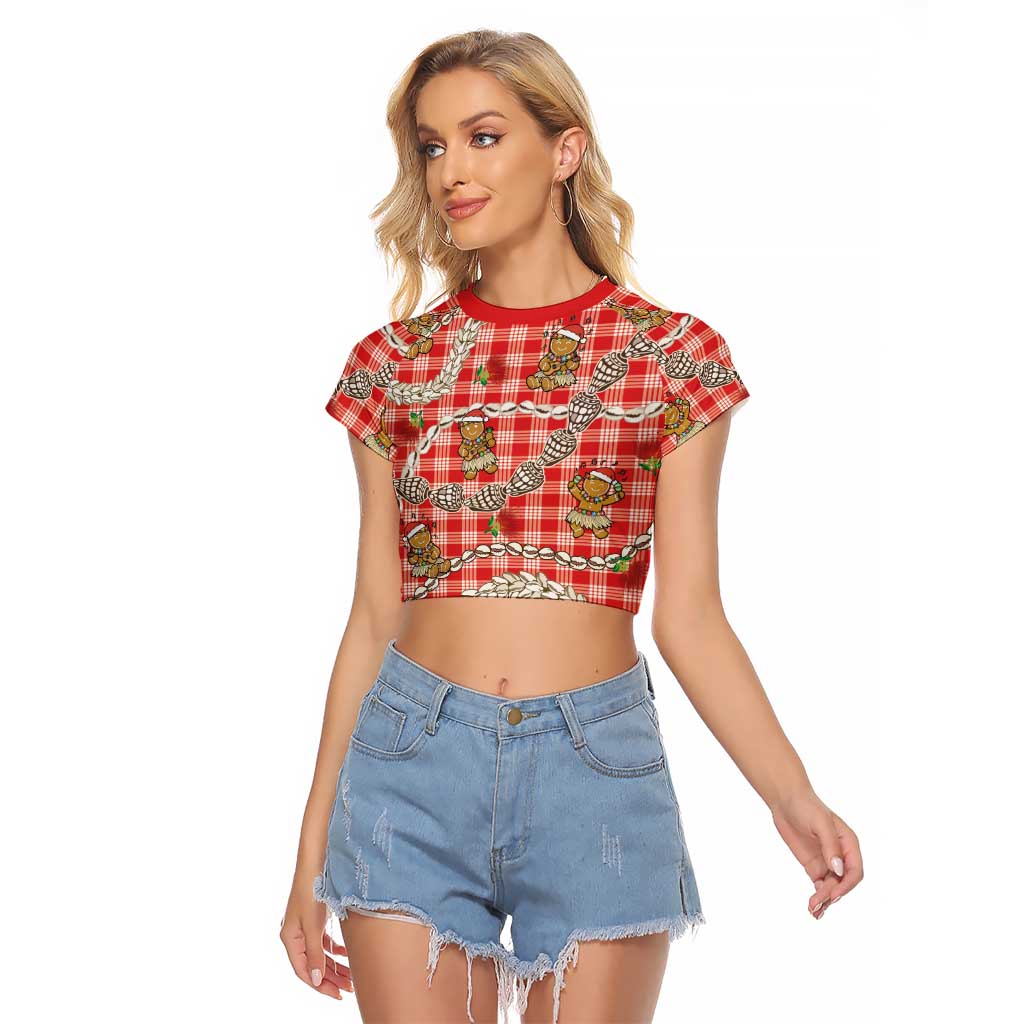 Red Palaka Hawaii Mele Kalikimaka Raglan Cropped T Shirt Ohia Lehua Shell Leis Funny Gingerbread Santa LT14 Female Red - Polynesian Pride