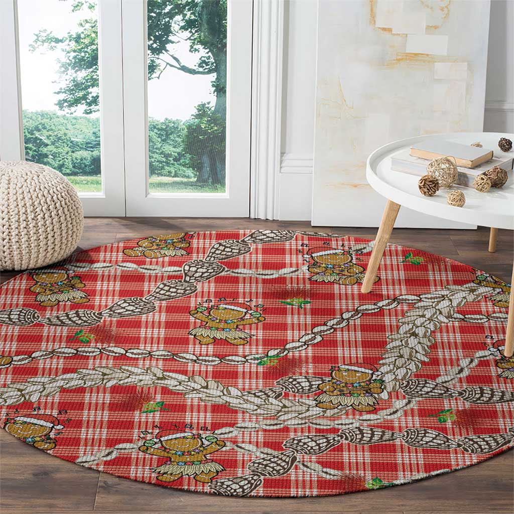 Red Palaka Hawaii Mele Kalikimaka Round Carpet Ohia Lehua Shell Leis Funny Gingerbread Santa - Polynesian Pride