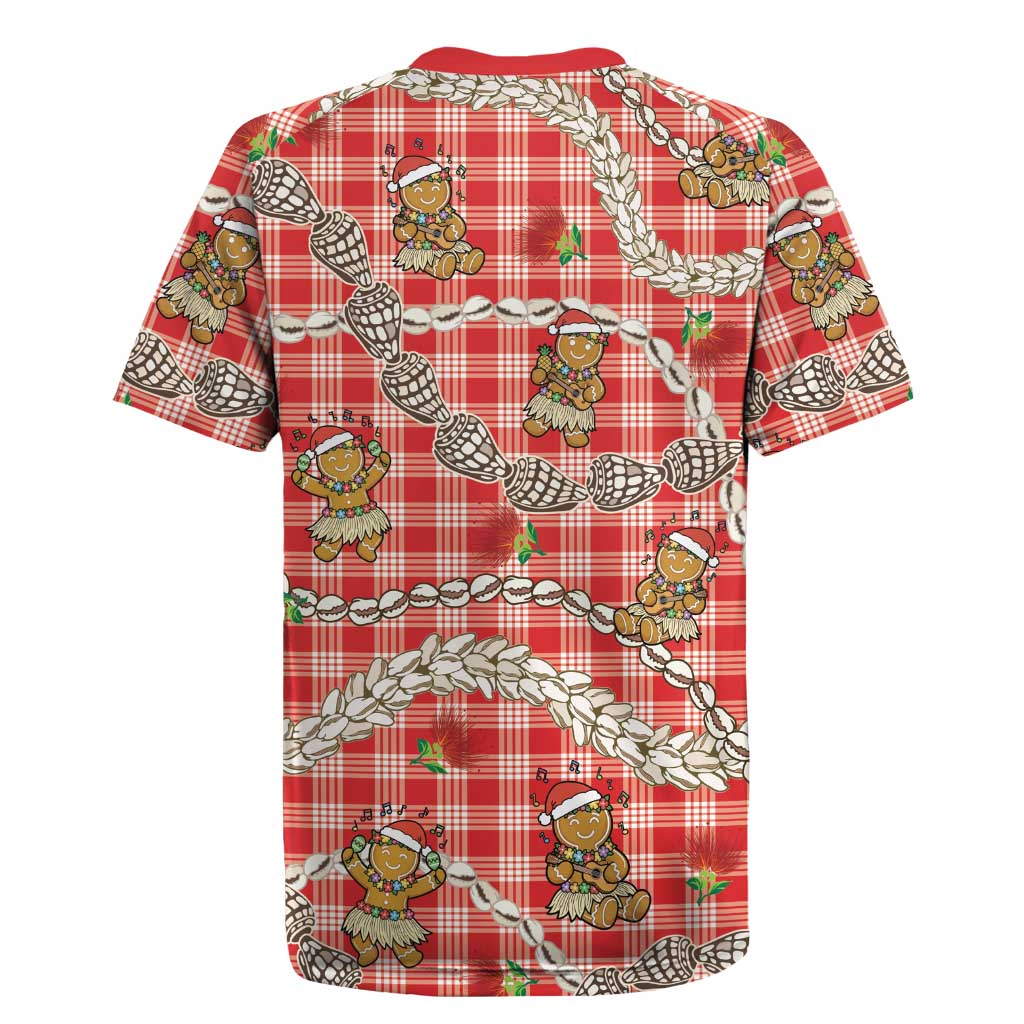 Red Palaka Hawaii Mele Kalikimaka Rugby Jersey Ohia Lehua Shell Leis Funny Gingerbread Santa - Polynesian Pride