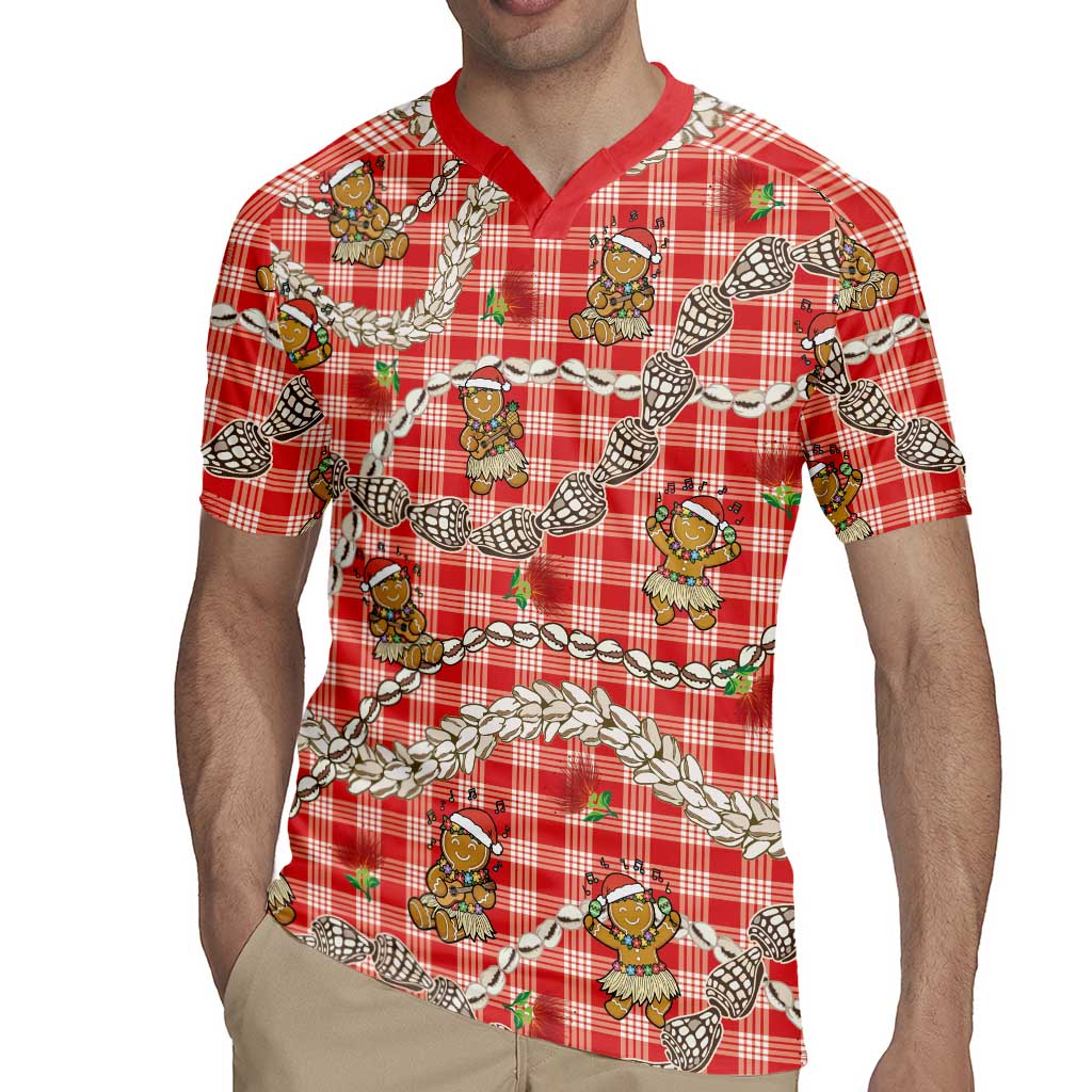 Red Palaka Hawaii Mele Kalikimaka Rugby Jersey Ohia Lehua Shell Leis Funny Gingerbread Santa - Polynesian Pride