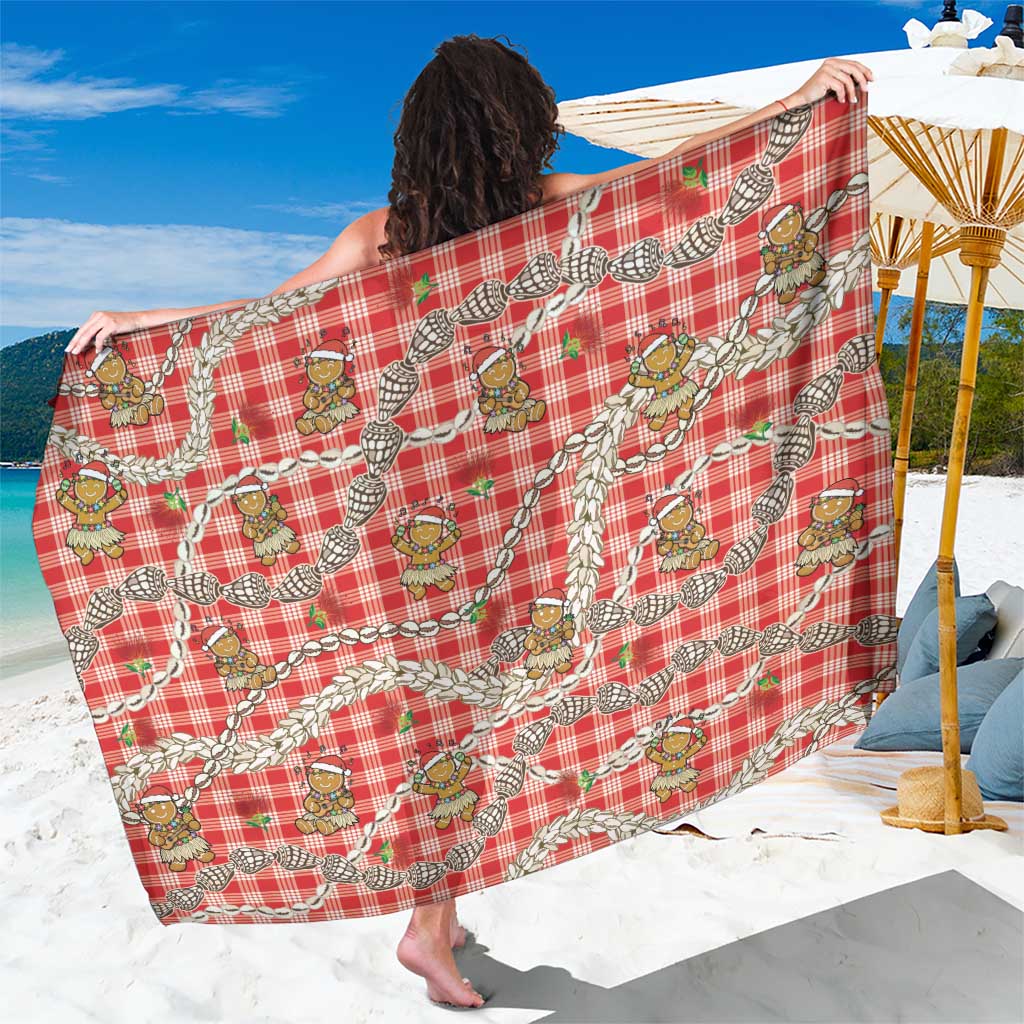 Red Palaka Hawaii Mele Kalikimaka Sarong Ohia Lehua Shell Leis Funny Gingerbread Santa - Polynesian Pride