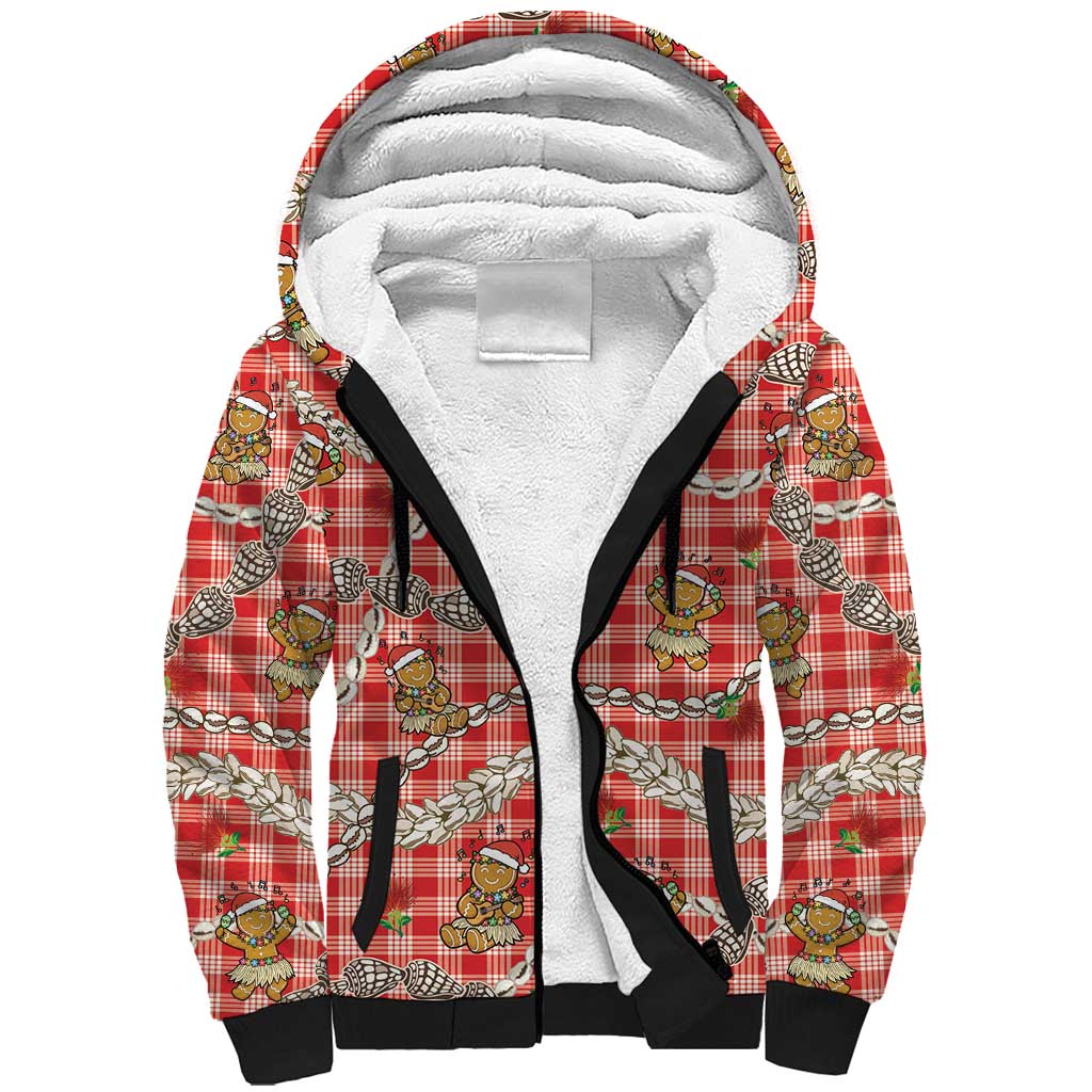 Red Palaka Hawaii Mele Kalikimaka Sherpa Hoodie Ohia Lehua Shell Leis Funny Gingerbread Santa LT14 Unisex Red - Polynesian Pride