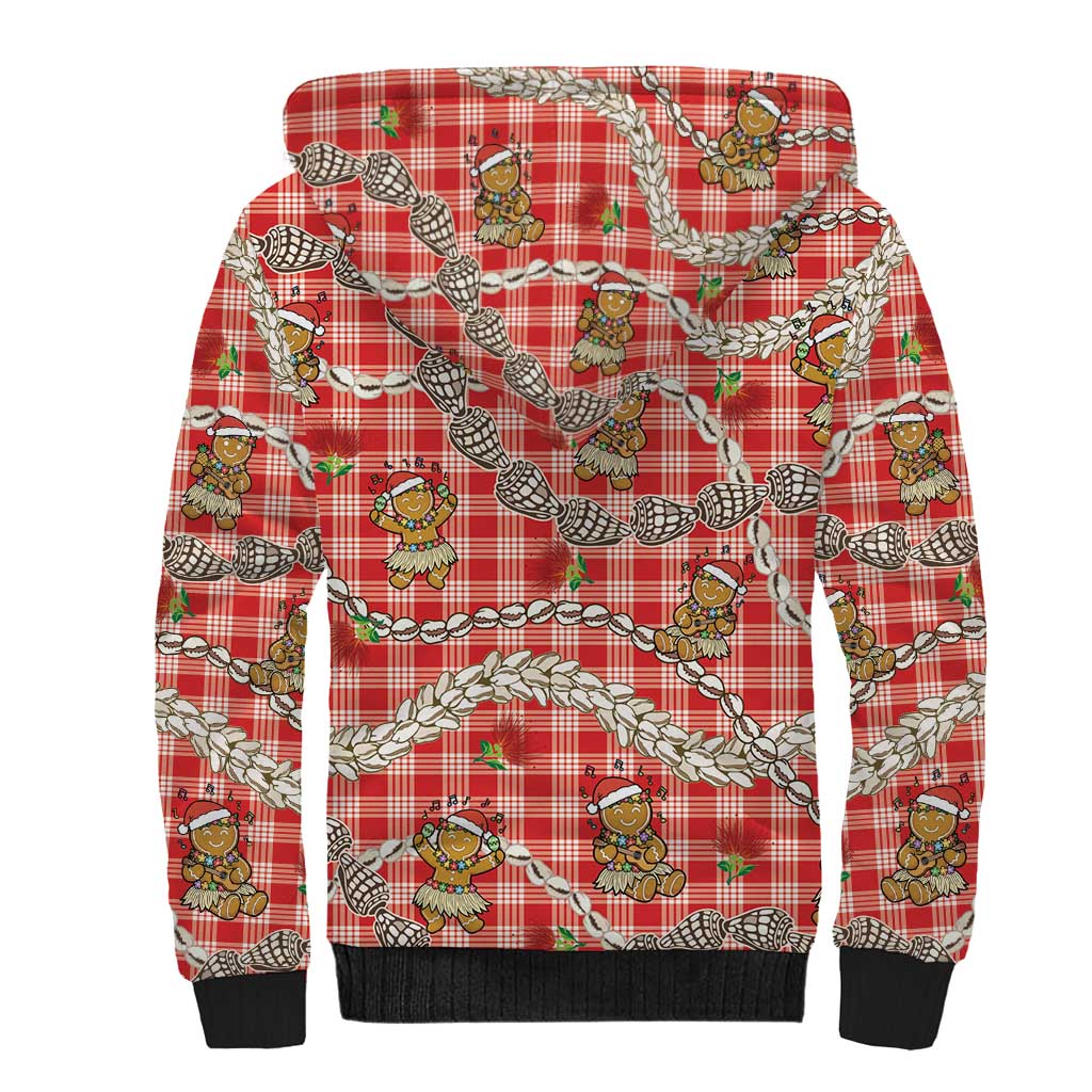 Red Palaka Hawaii Mele Kalikimaka Sherpa Hoodie Ohia Lehua Shell Leis Funny Gingerbread Santa LT14 - Polynesian Pride