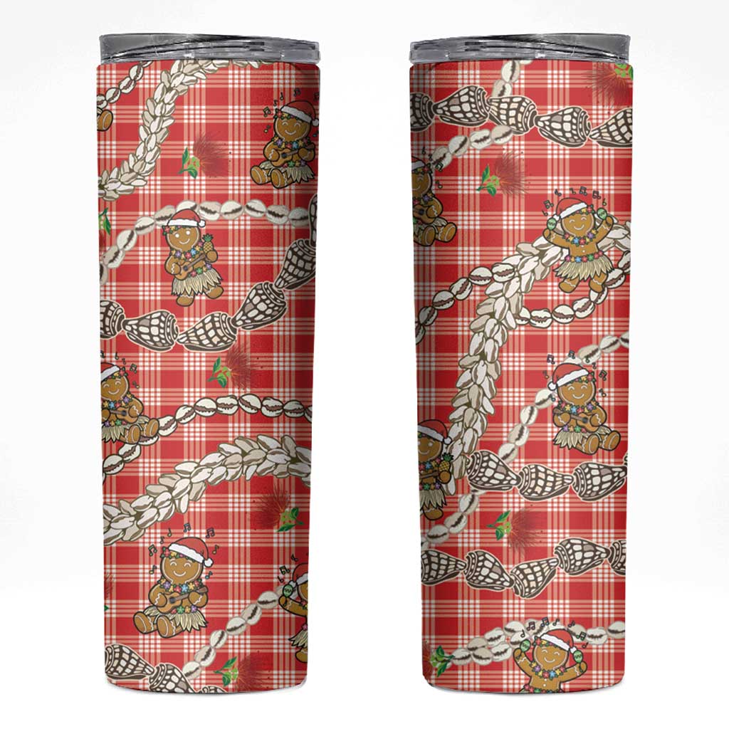 Red Palaka Hawaii Mele Kalikimaka Skinny Tumbler Ohia Lehua Shell Leis Funny Gingerbread Santa LT14 Red - Polynesian Pride