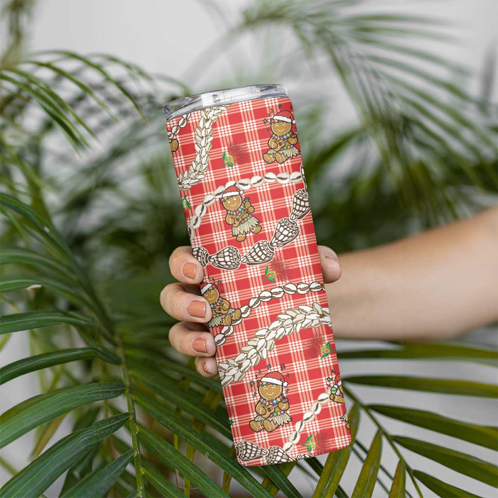 Red Palaka Hawaii Mele Kalikimaka Skinny Tumbler Ohia Lehua Shell Leis Funny Gingerbread Santa LT14 - Polynesian Pride