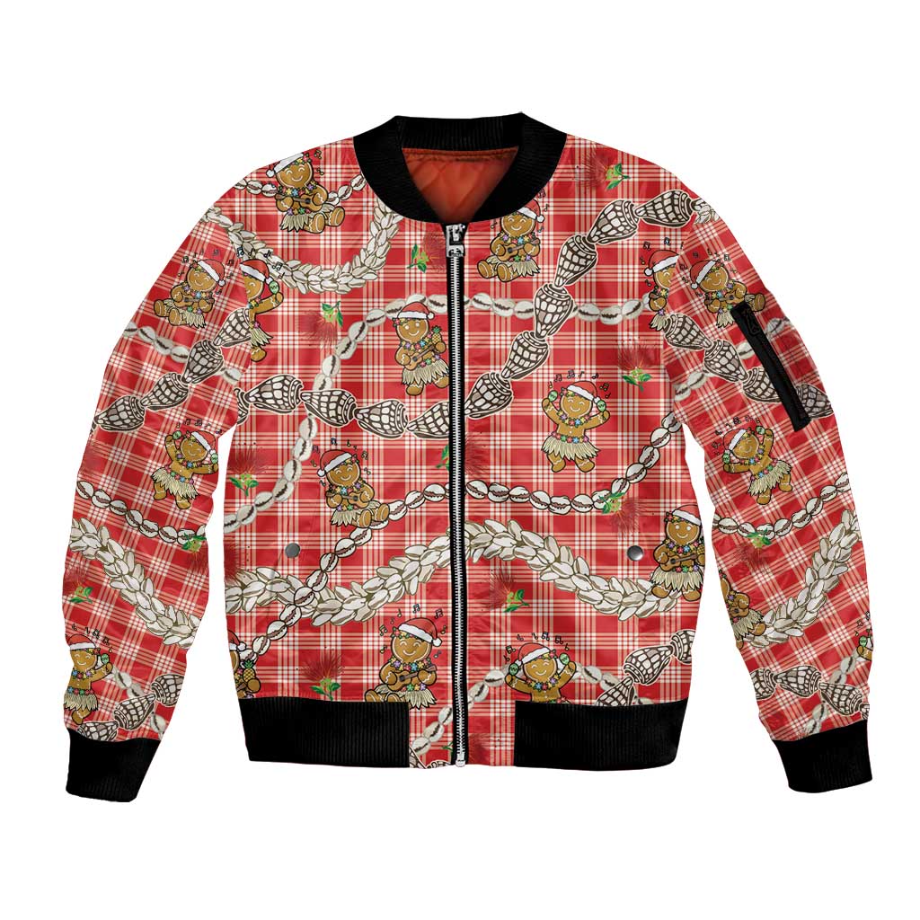 Red Palaka Hawaii Mele Kalikimaka Sleeve Zip Bomber Jacket Ohia Lehua Shell Leis Funny Gingerbread Santa LT14 Unisex Red - Polynesian Pride