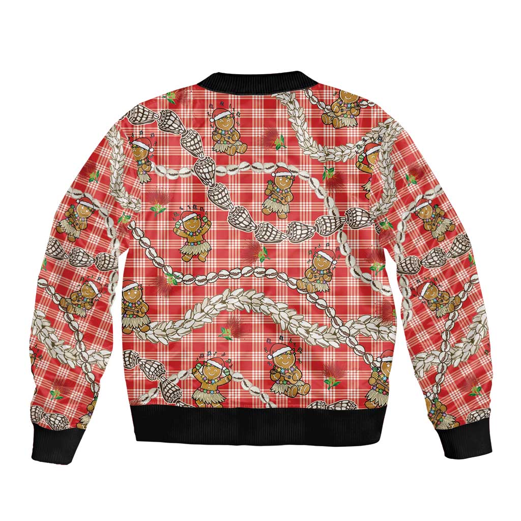 Red Palaka Hawaii Mele Kalikimaka Sleeve Zip Bomber Jacket Ohia Lehua Shell Leis Funny Gingerbread Santa LT14 - Polynesian Pride
