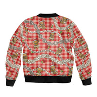 Red Palaka Hawaii Mele Kalikimaka Sleeve Zip Bomber Jacket Ohia Lehua Shell Leis Funny Gingerbread Santa LT14 - Polynesian Pride