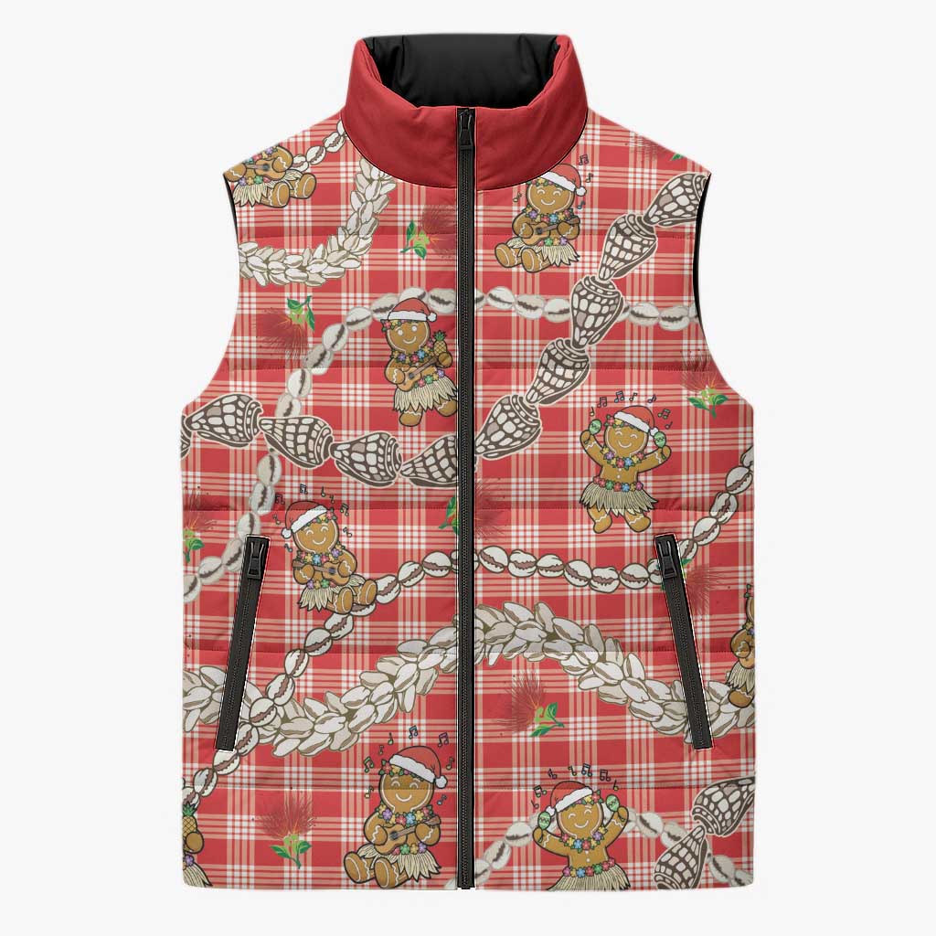 Red Palaka Hawaii Mele Kalikimaka Sleeveless Puffer Jacket Ohia Lehua Shell Leis Funny Gingerbread Santa - Polynesian Pride