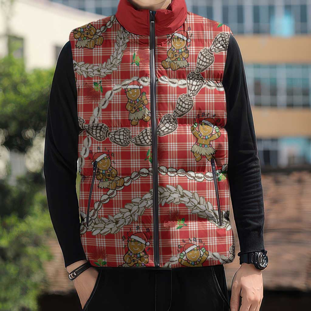 Red Palaka Hawaii Mele Kalikimaka Sleeveless Puffer Jacket Ohia Lehua Shell Leis Funny Gingerbread Santa - Polynesian Pride