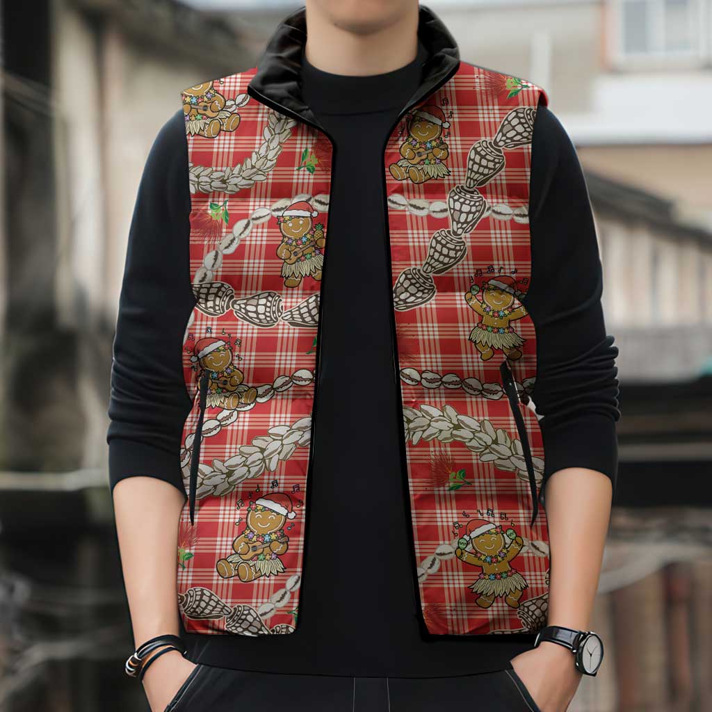 Red Palaka Hawaii Mele Kalikimaka Sleeveless Puffer Jacket Ohia Lehua Shell Leis Funny Gingerbread Santa - Polynesian Pride