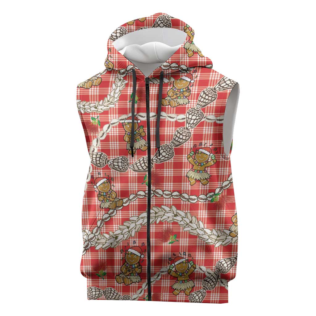 Red Palaka Hawaii Mele Kalikimaka Sleeveless Zip Hoodie Ohia Lehua Shell Leis Funny Gingerbread Santa LT14 Red - Polynesian Pride