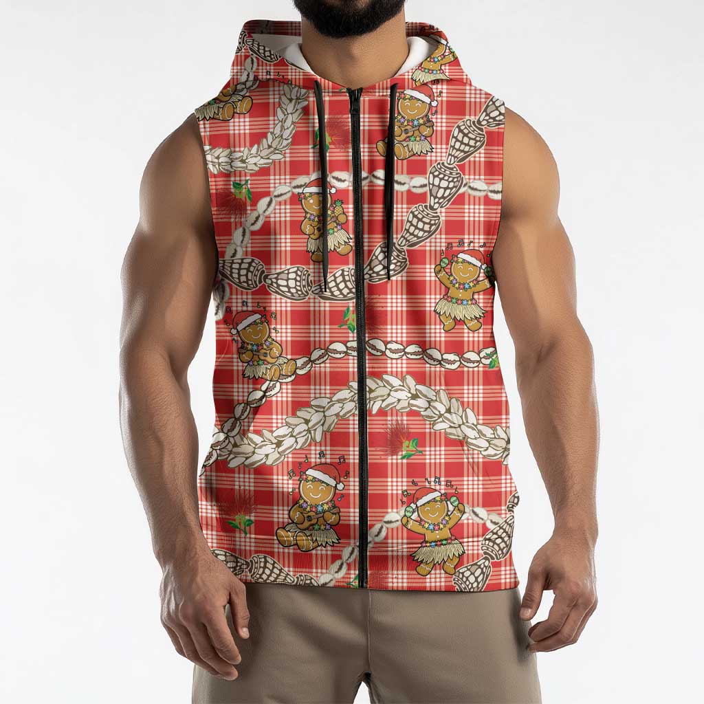 Red Palaka Hawaii Mele Kalikimaka Sleeveless Zip Hoodie Ohia Lehua Shell Leis Funny Gingerbread Santa LT14 - Polynesian Pride