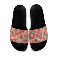 Red Palaka Hawaii Mele Kalikimaka Slide Sandals Ohia Lehua Shell Leis Funny Gingerbread Santa - Polynesian Pride