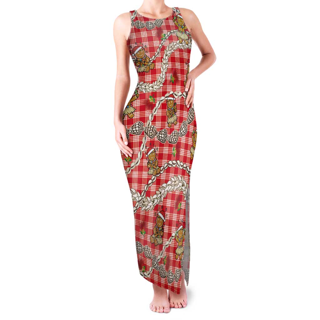 Red Palaka Hawaii Mele Kalikimaka Tank Maxi Dress Ohia Lehua Shell Leis Funny Gingerbread Santa LT14 Women Red - Polynesian Pride