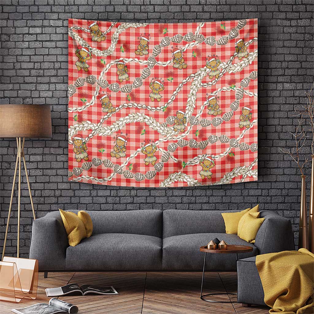 Red Palaka Hawaii Mele Kalikimaka Tapestry Ohia Lehua Shell Leis Funny Gingerbread Santa - Polynesian Pride