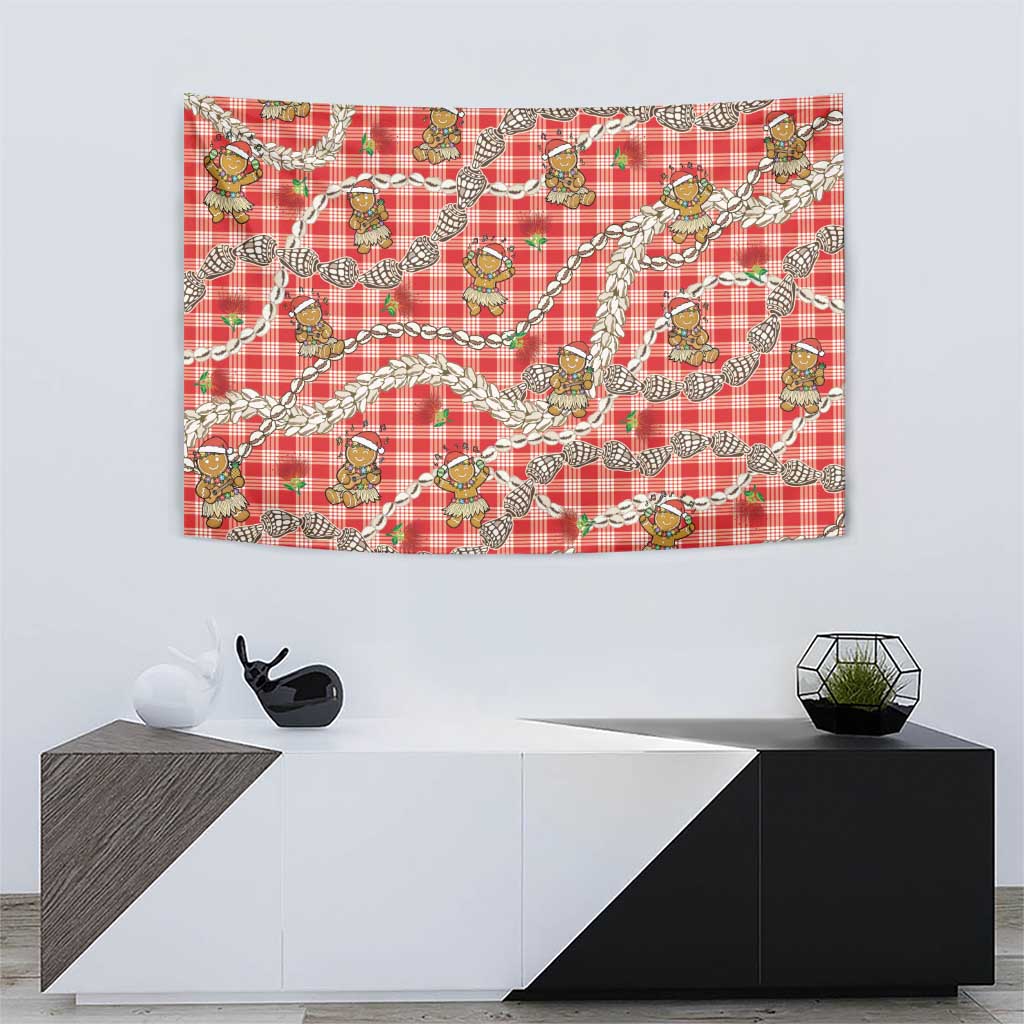 Red Palaka Hawaii Mele Kalikimaka Tapestry Ohia Lehua Shell Leis Funny Gingerbread Santa - Polynesian Pride