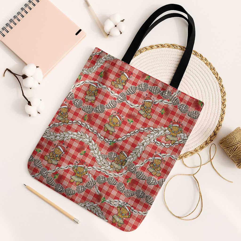 Red Palaka Hawaii Mele Kalikimaka Tote Bag Ohia Lehua Shell Leis Funny Gingerbread Santa - Polynesian Pride
