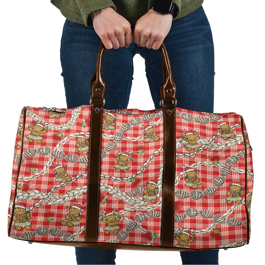 Red Palaka Hawaii Mele Kalikimaka Travel Bag Ohia Lehua Shell Leis Funny Gingerbread Santa - Polynesian Pride