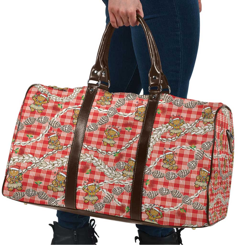 Red Palaka Hawaii Mele Kalikimaka Travel Bag Ohia Lehua Shell Leis Funny Gingerbread Santa - Polynesian Pride