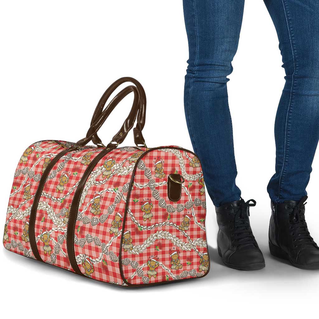 Red Palaka Hawaii Mele Kalikimaka Travel Bag Ohia Lehua Shell Leis Funny Gingerbread Santa - Polynesian Pride