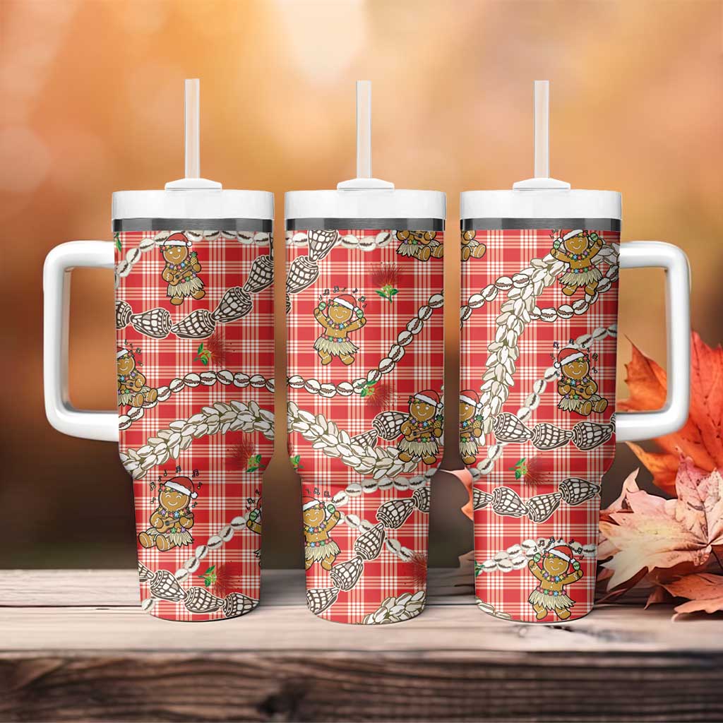 Red Palaka Hawaii Mele Kalikimaka Tumbler With Handle Ohia Lehua Shell Leis Funny Gingerbread Santa - Polynesian Pride