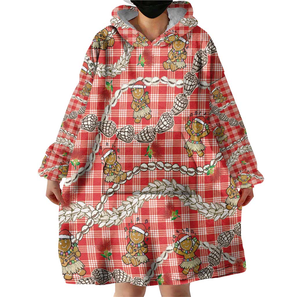 Red Palaka Hawaii Mele Kalikimaka Wearable Blanket Hoodie Ohia Lehua Shell Leis Funny Gingerbread Santa LT14 - Polynesian Pride