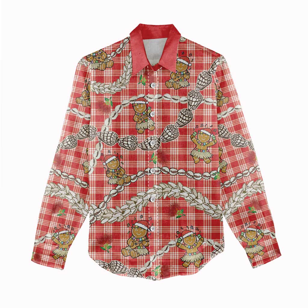 Red Palaka Hawaii Mele Kalikimaka Women Casual Shirt Ohia Lehua Shell Leis Funny Gingerbread Santa - Polynesian Pride