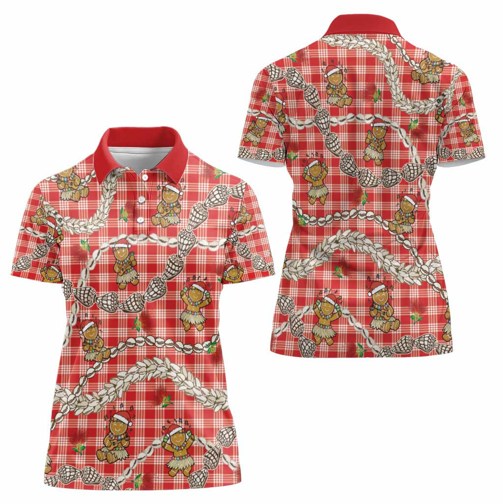 Red Palaka Hawaii Mele Kalikimaka Women Polo Shirt Ohia Lehua Shell Leis Funny Gingerbread Santa - Polynesian Pride