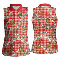 Red Palaka Hawaii Mele Kalikimaka Women Sleeveless Polo Shirt Ohia Lehua Shell Leis Funny Gingerbread Santa LT14 - Polynesian Pride