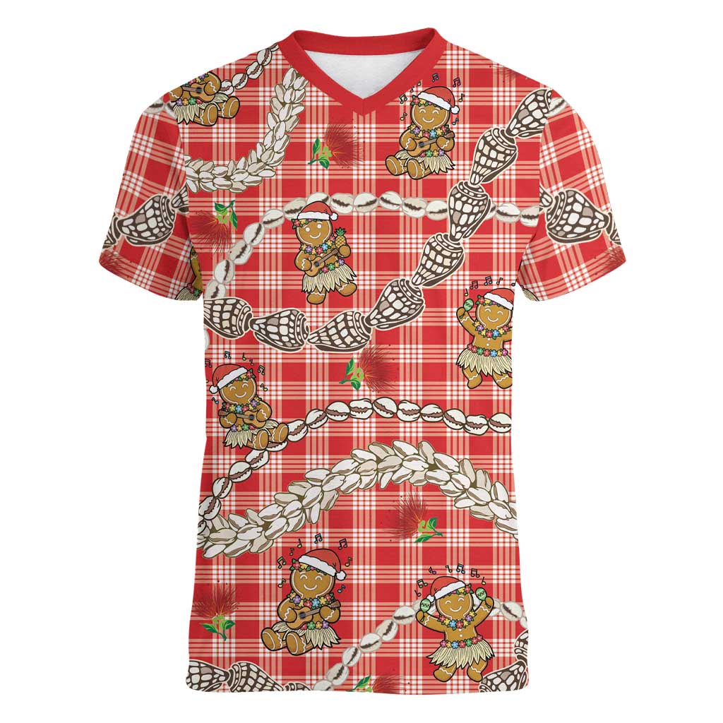 Red Palaka Hawaii Mele Kalikimaka Women V-Neck T-Shirt Ohia Lehua Shell Leis Funny Gingerbread Santa LT14 Female Red - Polynesian Pride