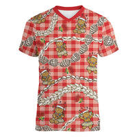 Red Palaka Hawaii Mele Kalikimaka Women V-Neck T-Shirt Ohia Lehua Shell Leis Funny Gingerbread Santa LT14 Female Red - Polynesian Pride