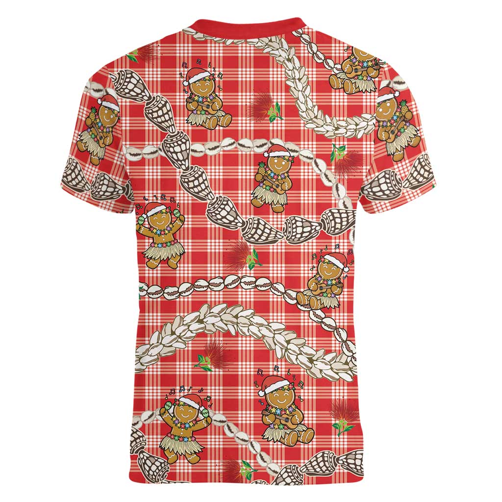 Red Palaka Hawaii Mele Kalikimaka Women V-Neck T-Shirt Ohia Lehua Shell Leis Funny Gingerbread Santa LT14 - Polynesian Pride