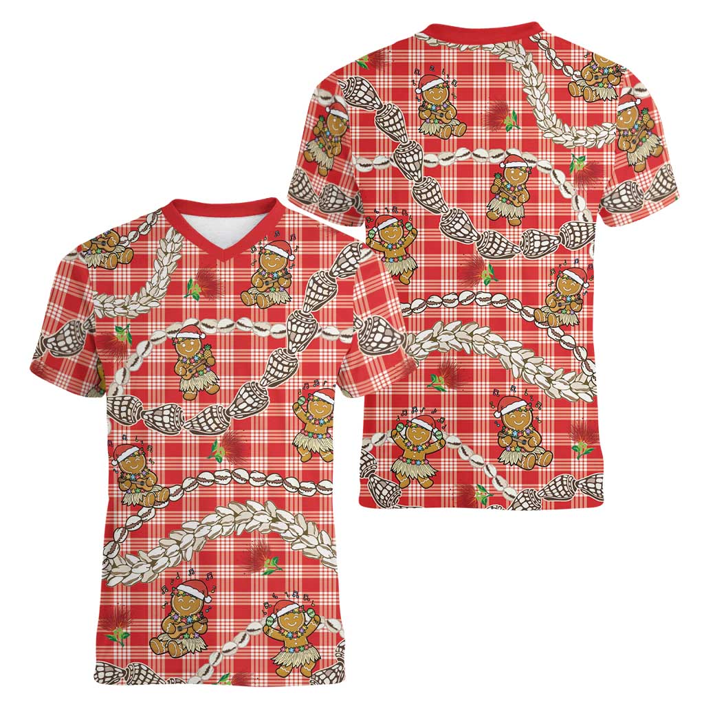 Red Palaka Hawaii Mele Kalikimaka Women V-Neck T-Shirt Ohia Lehua Shell Leis Funny Gingerbread Santa LT14 - Polynesian Pride