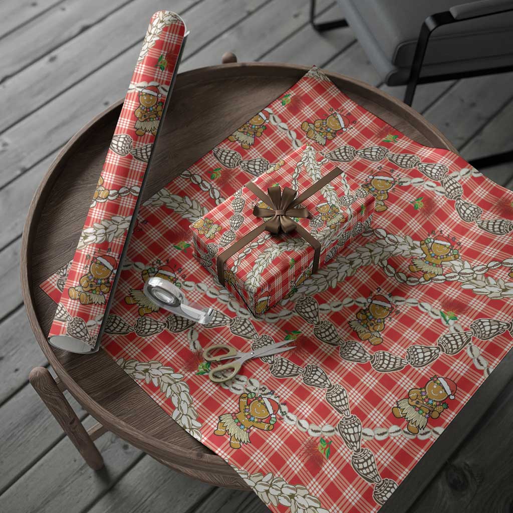 Red Palaka Hawaii Mele Kalikimaka Wrapping Paper Ohia Lehua Shell Leis Funny Gingerbread Santa - Polynesian Pride