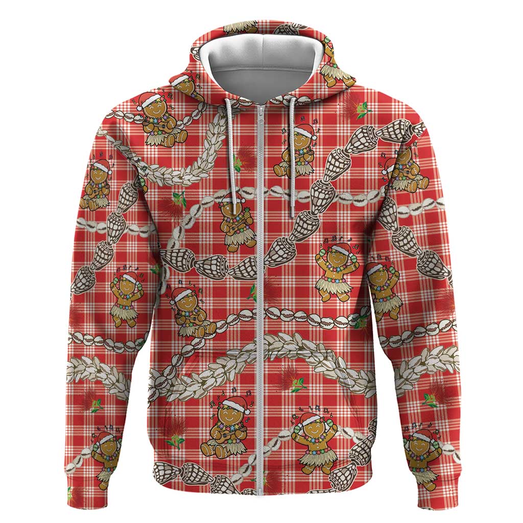 Red Palaka Hawaii Mele Kalikimaka Zip Hoodie Ohia Lehua Shell Leis Funny Gingerbread Santa LT14 Zip Hoodie Red - Polynesian Pride