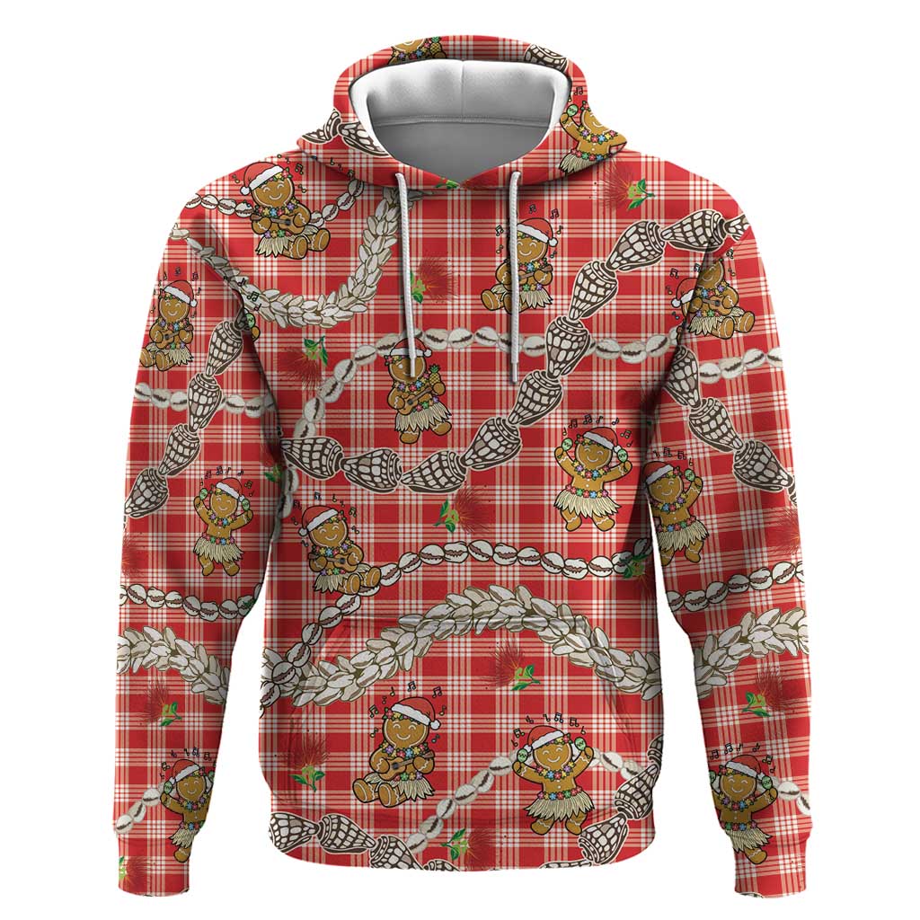 Red Palaka Hawaii Mele Kalikimaka Zip Hoodie Ohia Lehua Shell Leis Funny Gingerbread Santa LT14 Pullover Hoodie Red - Polynesian Pride