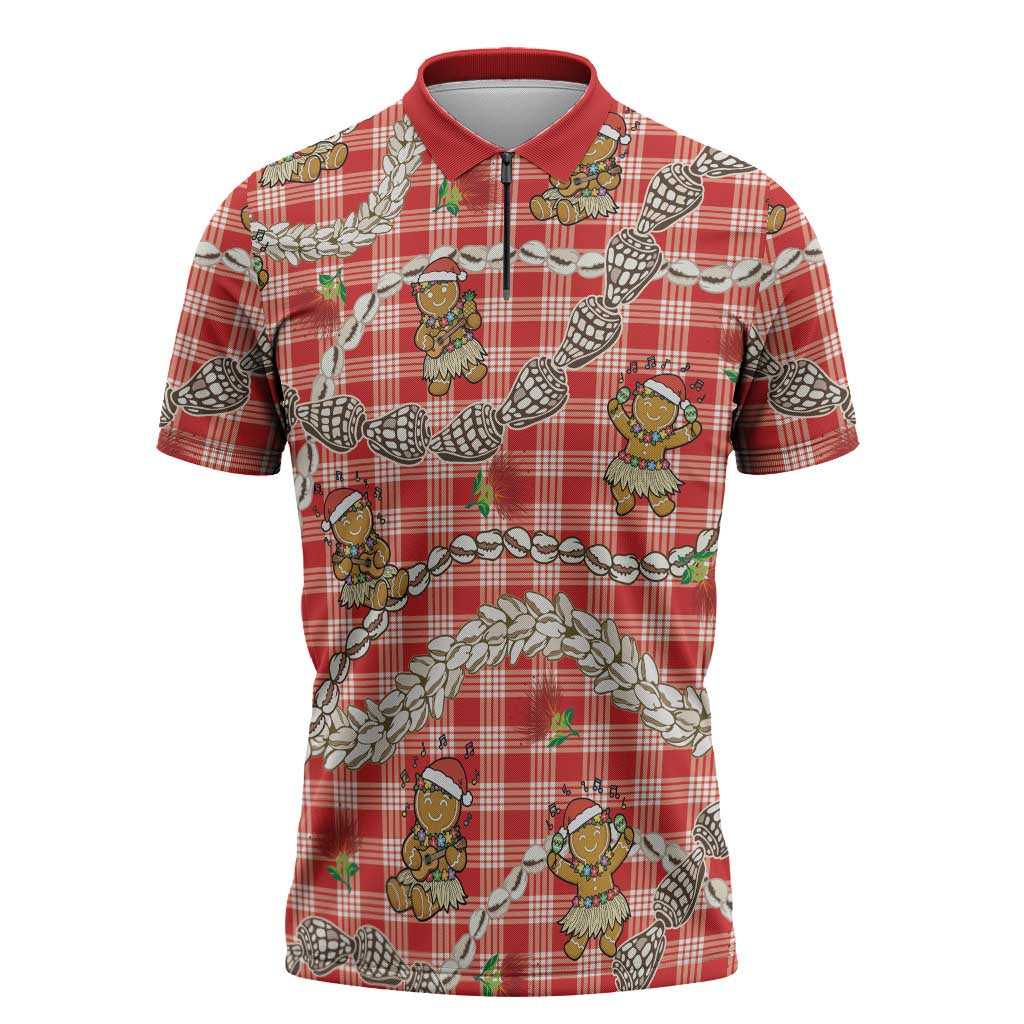 Red Palaka Hawaii Mele Kalikimaka Zipper Polo Shirt Ohia Lehua Shell Leis Funny Gingerbread Santa - Polynesian Pride