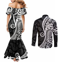 Black Polynesia Paisley Couples Matching Mermaid Dress and Long Sleeve Button Shirt Polynesian With Tropical Flowers LT14 - Polynesian Pride