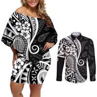 Black Polynesia Paisley Couples Matching Off Shoulder Short Dress and Long Sleeve Button Shirt Polynesian With Tropical Flowers LT14 Black - Polynesian Pride