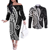 Black Polynesia Paisley Couples Matching Off The Shoulder Long Sleeve Dress and Long Sleeve Button Shirt Polynesian With Tropical Flowers LT14 Black - Polynesian Pride