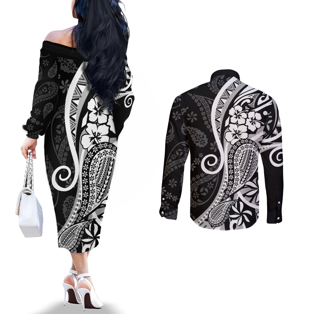 Black Polynesia Paisley Couples Matching Off The Shoulder Long Sleeve Dress and Long Sleeve Button Shirt Polynesian With Tropical Flowers LT14 - Polynesian Pride