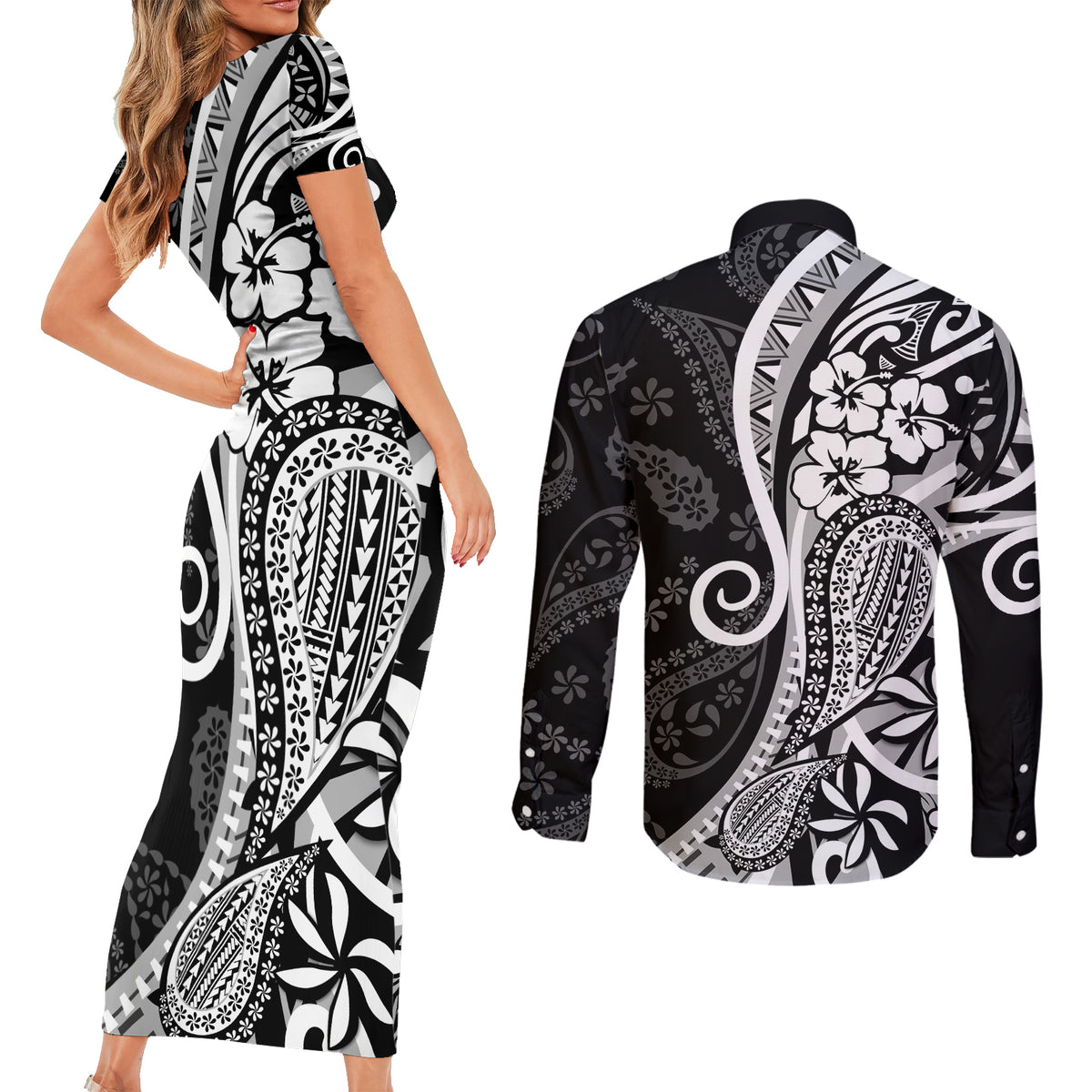 Black Polynesia Paisley Couples Matching Short Sleeve Bodycon Dress and Long Sleeve Button Shirt Polynesian With Tropical Flowers LT14 - Polynesian Pride