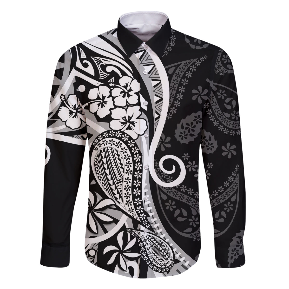 Black Polynesia Paisley Family Matching Summer Maxi Dress and Hawaiian Shirt Polynesian With Tropical Flowers LT14 Dad's Shirt - Long Sleeve Black - Polynesian Pride