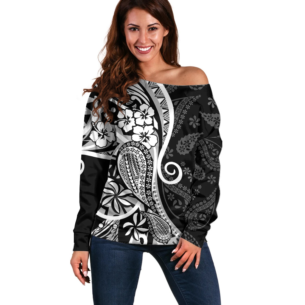 Black Polynesia Paisley Off Shoulder Sweater Polynesian With Tropical Flowers LT14 Women Black - Polynesian Pride