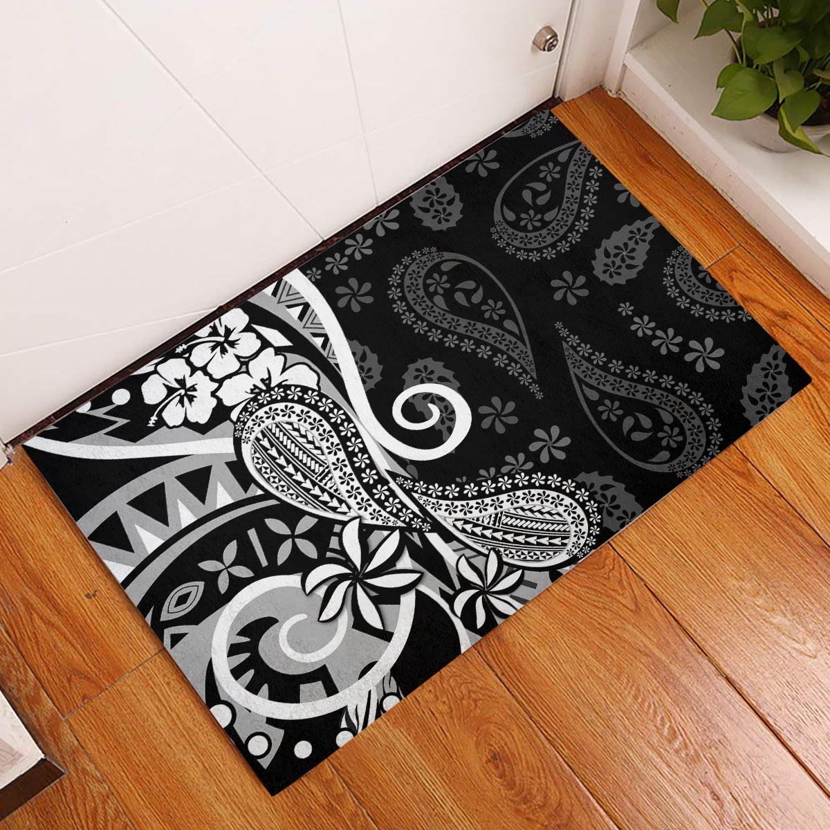 Black Polynesia Paisley Rubber Doormat Polynesian With Tropical Flowers LT14 Black - Polynesian Pride