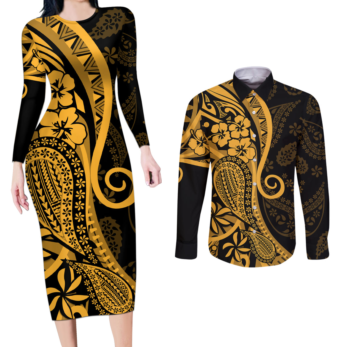 Gold Polynesia Paisley Couples Matching Long Sleeve Bodycon Dress and Long Sleeve Button Shirt Polynesian With Tropical Flowers LT14 Gold - Polynesian Pride